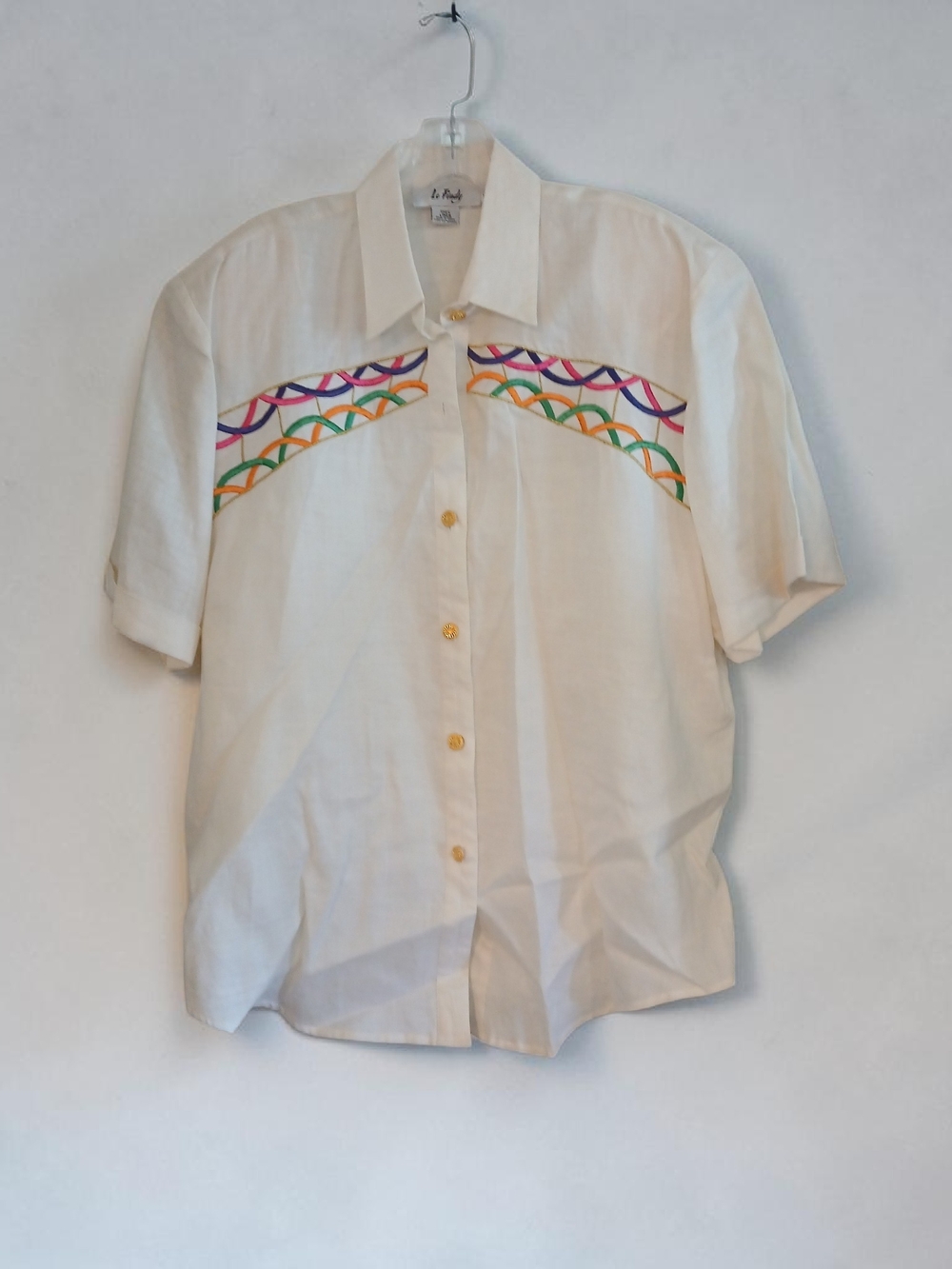 Vintage Le Findy White Linen Short-Sleeve  Multicolor Embroidery Blouse.
